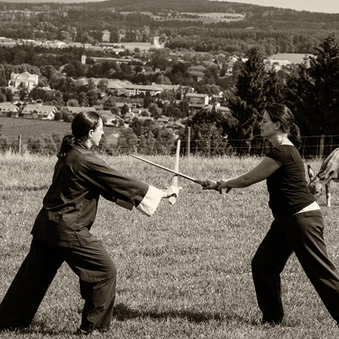 Tai Chi Schülerinnen beim Praktizieren der Schwert-Partnerform - Foto: Ralf Eiser